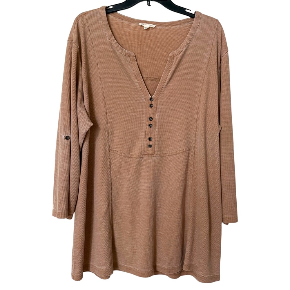 Jane and Delancey Womens 3X Henley Top Tan Waffle Knit Relaxed Fit Casual Earthy